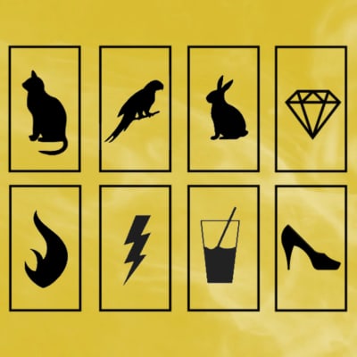 Kuvituskuva, jossa keltaisella savumaisella taustalla on erilaisia kehystettyjä symbolikuvakkeita, kuten salama, kissa ja timantti.