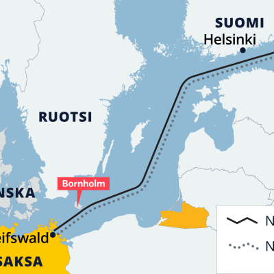 Nord Stream 1 ja 2 kaasuputkien reitti itämerellä, kartta.