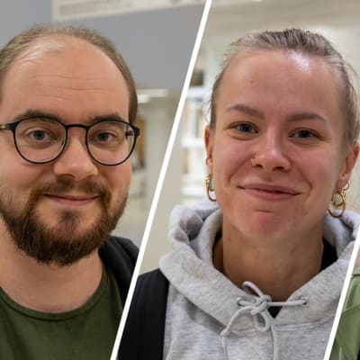 Kolmen Helsingin yliopiston opiskelijan kuvakollaasi, jossa reunoilla kaksi miestä ja keskellä nuori nainen.