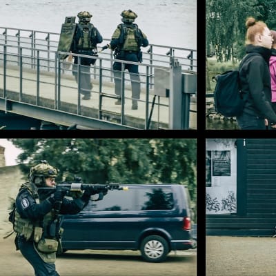 4 kuvaa joissa poliisi on rynnäkkövarusteet päällä ja sonnustautunut rynnäkkökyväärein ja kypäröin.