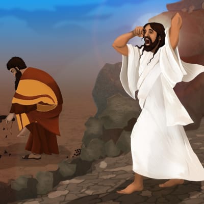 Kuvituskuva, jossa Jeesus nousee kuolleista. Kuvan laidassa on ihminen, joka ei huomaa tapahtunutta.