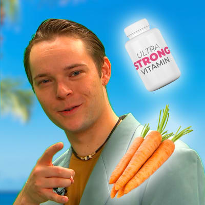 Toimittaja Kaarlo Kulmanen myyntimiehenä. Kaarlon vieressä leijuu vitamiinipurkki ja nippu porkkanoita.