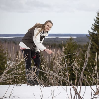 Emilia Piipponen hypistelee marjapensaan oksaa.