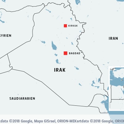 En karta över Irak med Bagdad och Krikuk markerat.