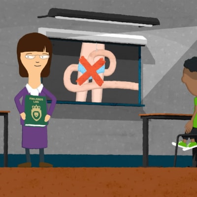 En bild ur animationsserien Min kropp är min, där en lärare berättar att vuxna inte får röra barns könsorgan