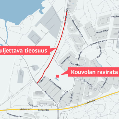 Kartta kuvaa tieosuuden katkaisua Kouvolassa välillä Ahlmanintie-Kuusanlammentie