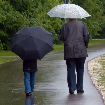 Mies ja lapsi kävelevät sateenvarjojen alla sateisessa puistossa. 