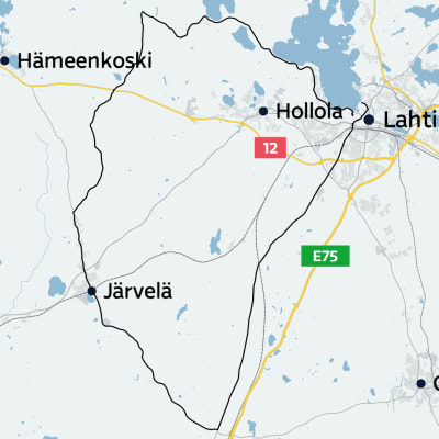Kartta, jolle on piirretty mustalla reitti. Reitille on merkitty muun muassa Hollola, Lahti ja Hämeenkoski.