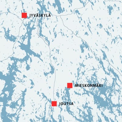 Mieskonmäen kylän sijainti kartalla suhteessa Joutsaan ja Jyväskylään.