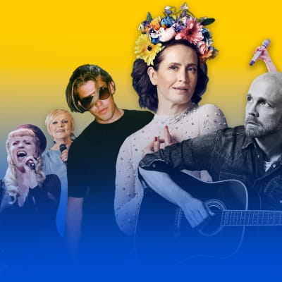 På bilden visas ett urval av de artister som kommer att medverka under konserten Hjälp till Ukraina - den stora stödkonserten. I förgrunden en man med gitarr och en kvinna med en blomsterkrans i håret.