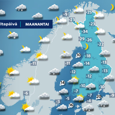 Maanantai iltapäivän sääkartta.