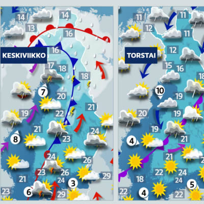 Suomen sääkartat keskiviikolta, torstailta ja perjantailta vierekkäin.