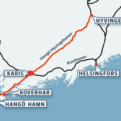 En karta över Hangö-Hyvingebanan.