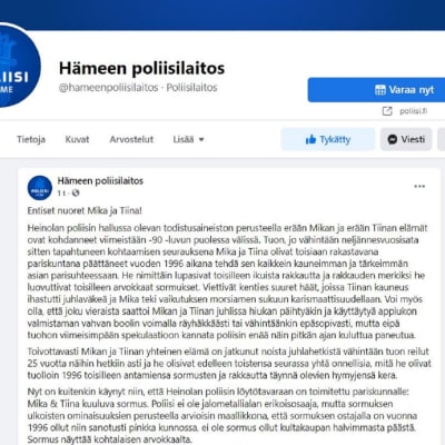 Kuvakaappaus Hämeen poliisin Facebook-päivityksestä
