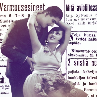 Rakastunut pari ja vanhoja lehti-ilmoituksia