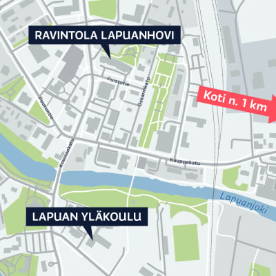 En karta som visar var Rasmus Takaluoma sågs i livet senast, Hotell- och restaurang Lapuahovi med omgivning.