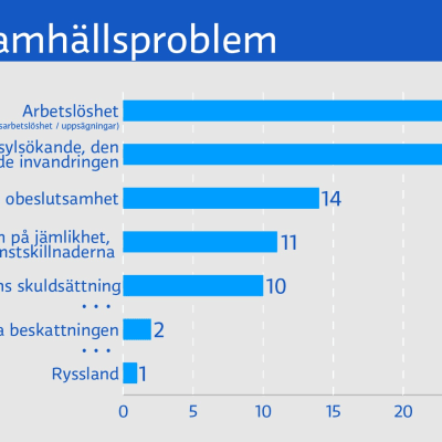Diagram över frågor som oroar finländarna enligt Taloustutkimus enkät.