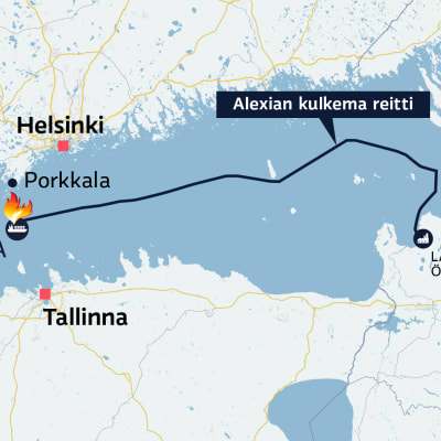 Öljytankkeri Alexian kulkema reitti ja onnettomuuspaikka kartalla.