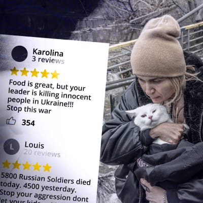 Ukrainalaisia pakenemassa, etualalla nainen kissa sylissä. Lisäksi kuva ravintola-arvostelusta, jossa kerrotaan Venäjän hyökkäyksestä Ukrainaan.