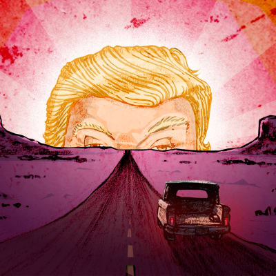 Kuvituskuvassa avolava-auto ajaa aavikolla, valtava Trumpin pää nousee horisontista auringon lailla