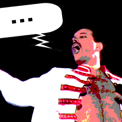 Freddie Mercury lavalla. Puhekupla lisätty ja kuva manipuloitu Elävän arkiston toimituksessa.
