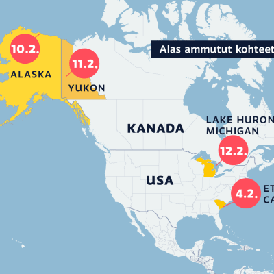 Alasammutut kohteet kartalla. Alaska, Ykon, Michigan ja Etelä Carolina