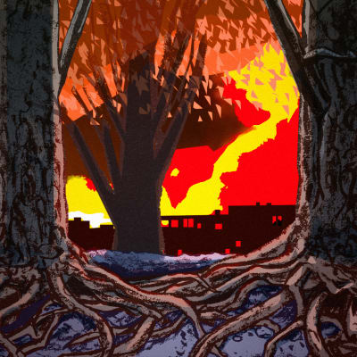 Kuvituksessa palava kaupunki näkyy metsän runkojen lomasta.
