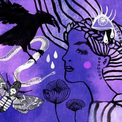Violetinsävyinen, vesivärimäinen kuva, jossa tussipiirroksina paljon yksityiskohtia. Kuvassa muun muassa nainen silmät kiinni, lentävä yöperhonen, käärme, korppi ja kukkia.
