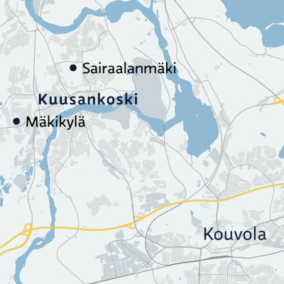 Karttagrafiikka Kouvolan Kuusankoskesta, Mäkikylästä ja Sairaalanmäestä.