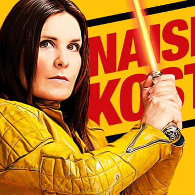 Keltaisessa kuvassa lukee punaisella Naisen kosto, etualalla Pirjo Heikkilän hahmo Saila valomiekan kanssa.