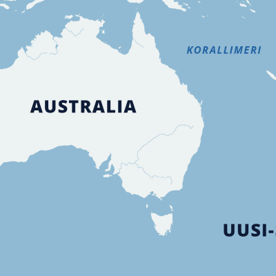 Kartta, jossa näkyy Korallimeren sijainti Australian rannikolla.