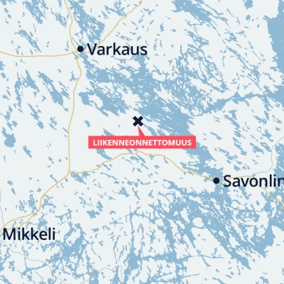 Graafinen kartta Etelä-Suomesta, jossa näkyy onnettomuuspaikka rastilla. 