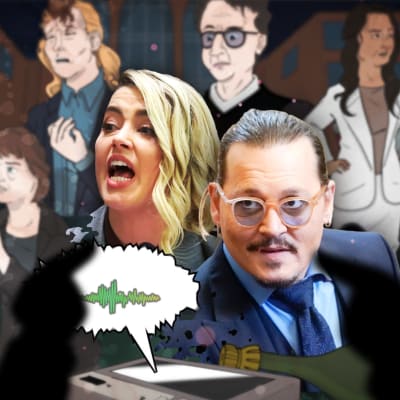 Johnny Depp ja Amber Heard piirretyn oikeustaistelun keskellä. 