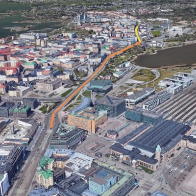 Google Earth ilmakuva Helsingin yltä, jossa remonttialue piireety Mannerheimintielle välille Postikatu - Reijolankatu.