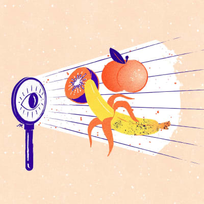 Kuvituskuva: Suurennuslasiin piirretty silmä katselee edessään näkyviä hedelmiä: kiivi, persikka ja banaani.