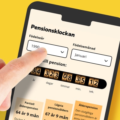 Illustration av ett finger som pekar på en mobilskärm som visar en applikation som heter "Pensionsklockan" som räknar ner tiden till pensionering.