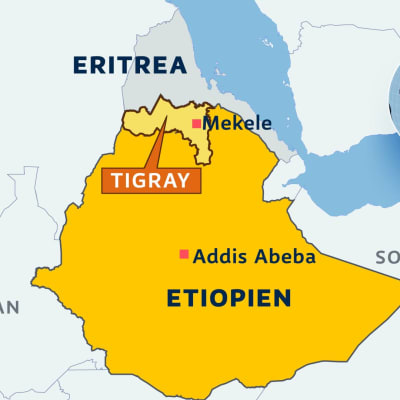 Karta på Etiopien med regionen Tigray och staden Mekele utmärkt. 