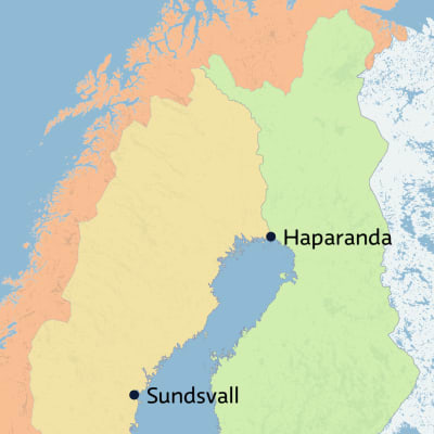Karta över norra Europa med Sundsvall och Haparanda utmärkta samt Finland, Sverige och Norge färgade i ljusa färger.