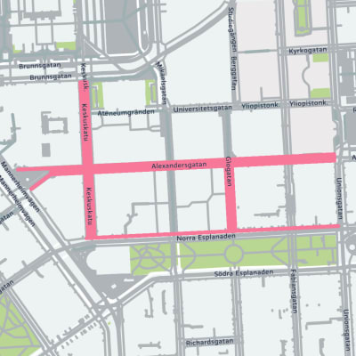 Karta med gatuvärme utritat i området kring Alexandersgatan