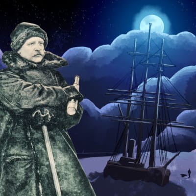 Tutkimusmatkailija A. E. Nordenskiöld etualalla kaukoputki kädessään, takanaan Vega-alus jäissä, uhkaavat pilvet horisontissa ja vasemmalla lumivuoria ja parkki-aluksen vieressä jäällä ihmisiä.
