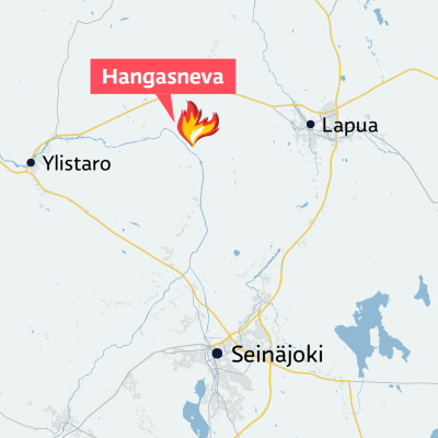 Kartta, johon on merkitty tulipaloalue Hangasnevalla Ylistarossa.