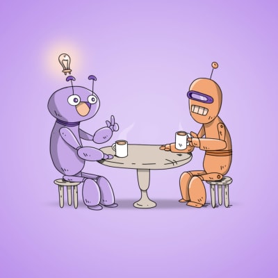Bilden föreställer två robotkaraktärer som sitter vid ett bord och diskuterar över en kopp kaffe. 
