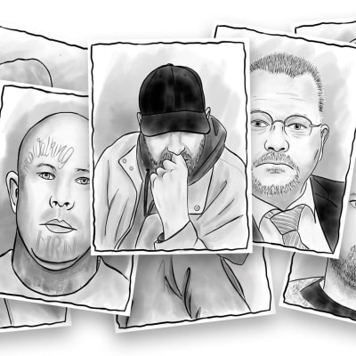 Piirros: Kortteja päälekkäin. Korteissa ihmisten kuvia. Janne Tranberg, Johan Bäckman ja Tuomo Ahonen. Näiden lisäksi anonyymejä henkilöitä.
