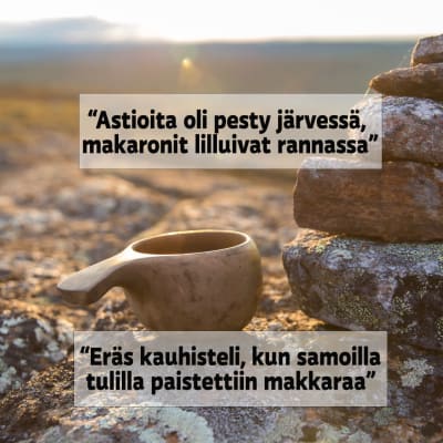 Tunturimaisemassa kuksa etualalla ja sitatteja kyselystä.