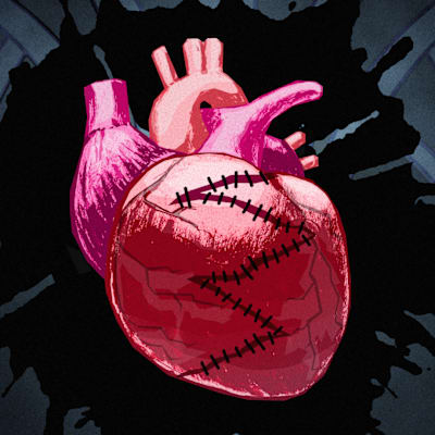 Lähikuva sydämestä, jota halkova haava on on tikattui, taustalla tumma musta roiske ja goottilaisia katedraaliholvien kattorakenteita.