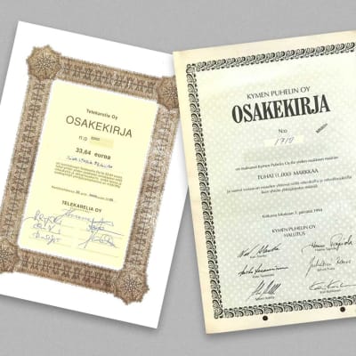 Kaksi puhelinosakekirjaa harmaalla taustalla.