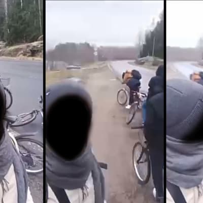 Kolmen pystykuvan kollaasi. Kaikki kuvat on samasta tilanteessa jossa henkilö kuvaa selfievideota itsestään ja joukosta tummapukuisista pyöräilijöistä.