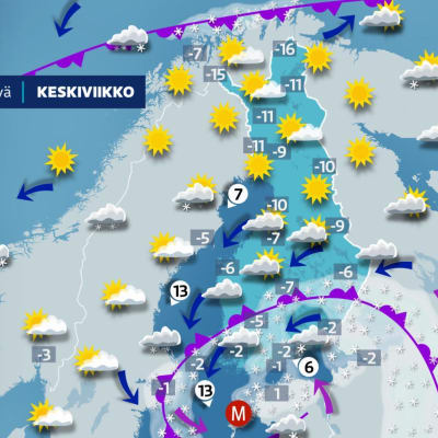 Sääkartta keskiviikolle 8. maaliskuuta. Eteläisen Suomen yllä on matalapaine, joka tuo mukanaan sankkaa lumisadetta. Pohjois-Suomessa sää on aurinkoinen. Etelässä on muutama aste pakkasta, pohjoisessa 10–16 astetta pakkasta.