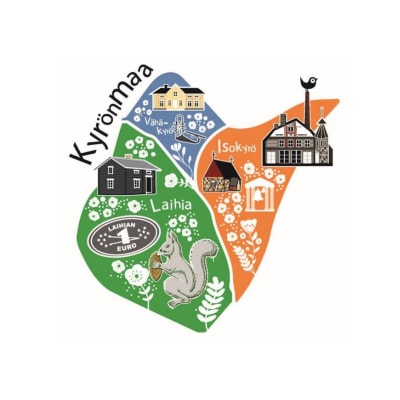 Piirretty karttaa Kyrönmaasta jossa Laihia vihreällä, Vähäkyrö sinisellä ja Isokyrö oranssilla.