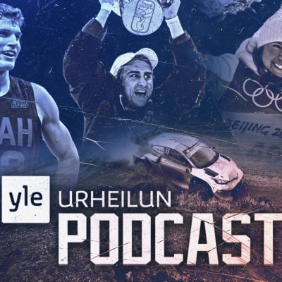 Yle Urheilun podcast -teksti etualalla. Taustalla Lauri Markkanen, Valtteri Filppula, Kerttu Niskanen ja Krista Pärmäkoski.